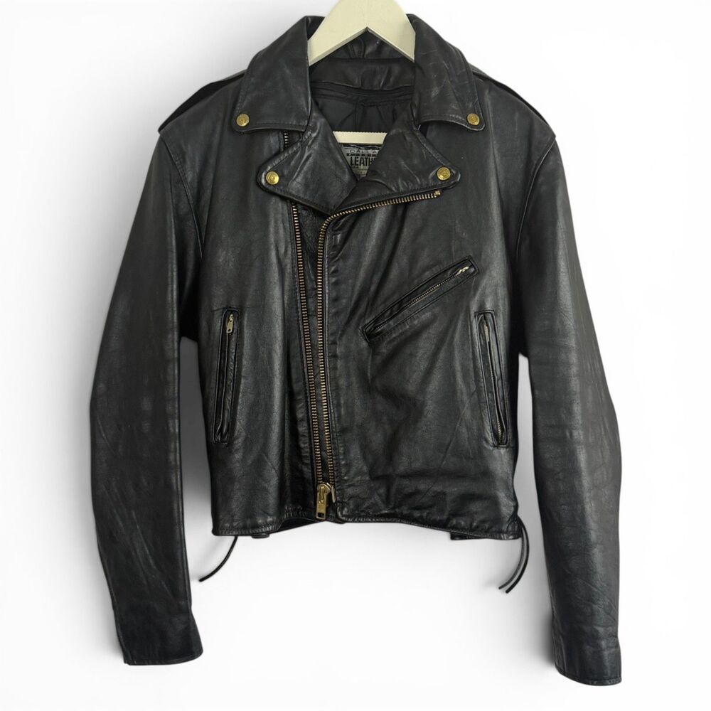 90s Biker Jacket  Women's Heavyweight Black Leather Brass Hardware Size 18 Y2K
